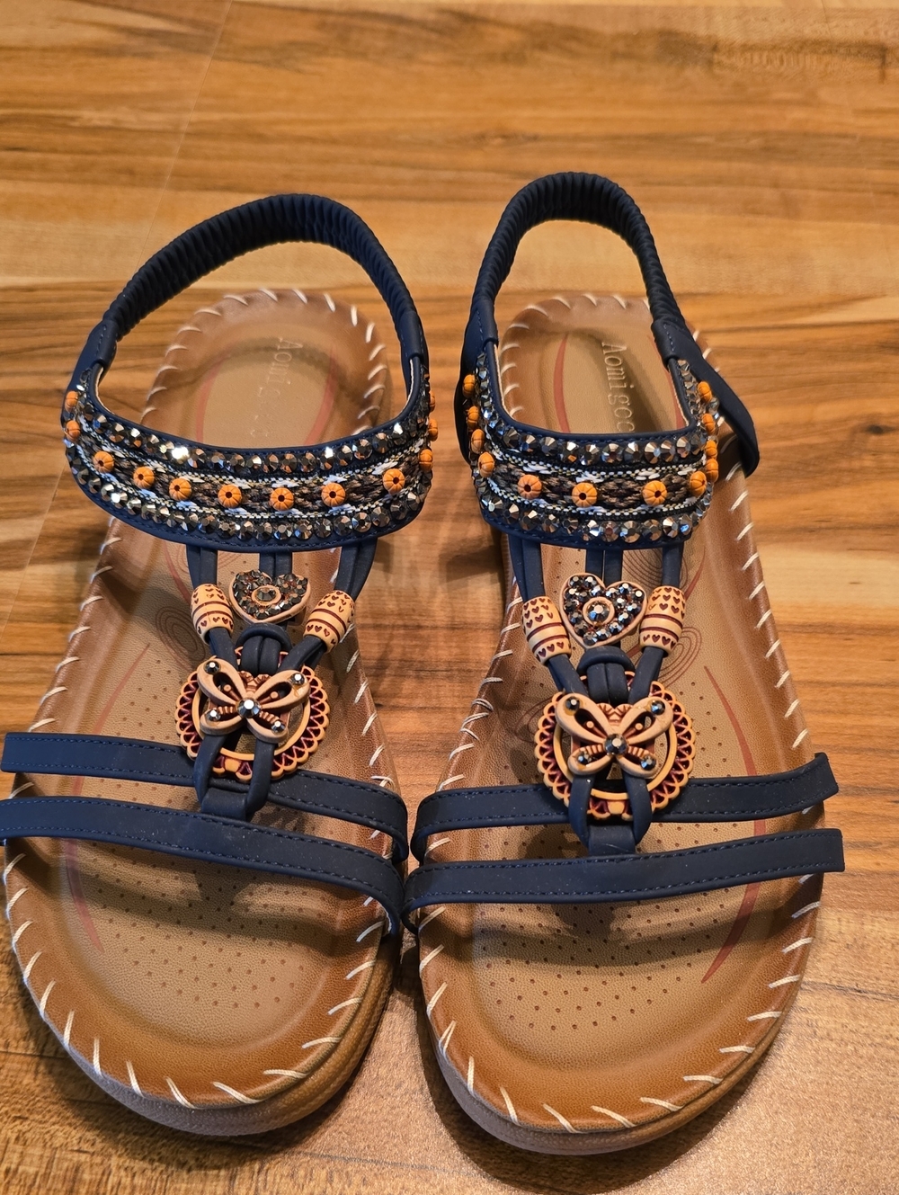 Aomigoct Women’s Navy Beaded T-Strap Sandals with Copper Accents, SIZE 9 (42)